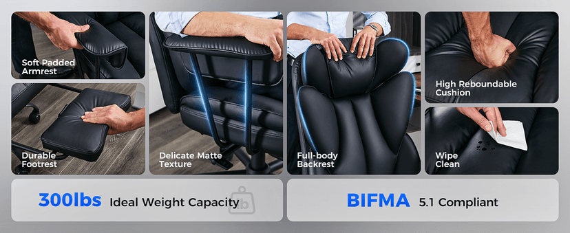 amseatec Big and Tall Office Desk Chair - Wide Ergonomic Executive with Footrest, High Back Lumbar Support Reclining Gaming Computer Chair for Heavy People (Black)