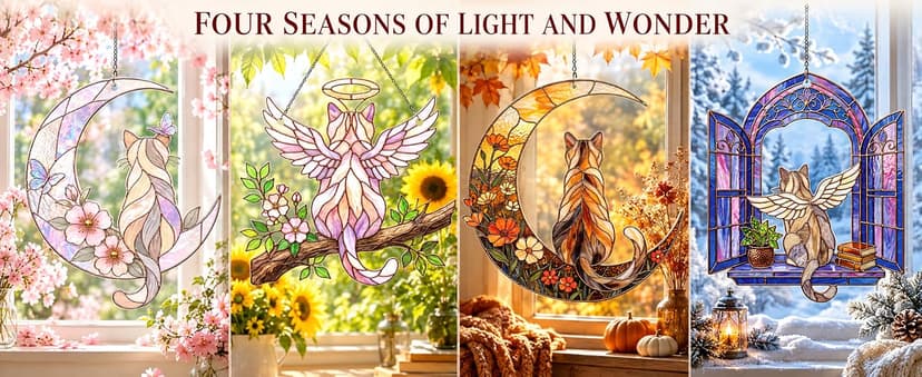 Wavy acrylic suncatcher featuring winged cat moon artwork, designed as a window hanging ornament for home décor and spaces Cat Suncatcher, Pet Memorial Gifts, Window Hanging Ornament 3 (6 Inches) B0HFW19G7L