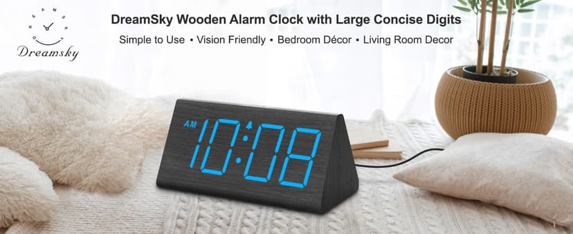 DreamSky Wooden Digital Alarm Clocks for Bedrooms - Electric Desk Clock with Large Numbers, USB Port, Loud Alarm for Heavy Sleepers, Adjustable Volume, Dimmer, DST, Wood Décor Gifts, Adapter Powered