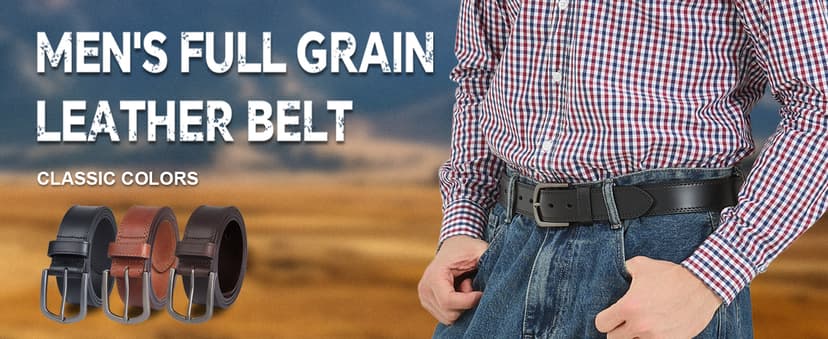 DENGFENGZHE Men's Full Grain Leather Belt for Everyday Casual Jeans, 1.5" Handmade Men Leather Belts with Gift Box