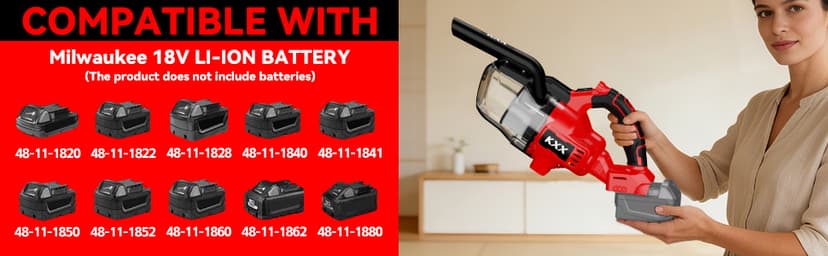 KXX Cordless Vacuum for Milwaukee M18 Battery, 5 in 1 Handheld Electric Vacuum Cleaner with 500W Powerful Motor, 46 CFM Portable Hand Vacuum with Filtration HEPA for Floor, Carpet, Car (Tool Only)