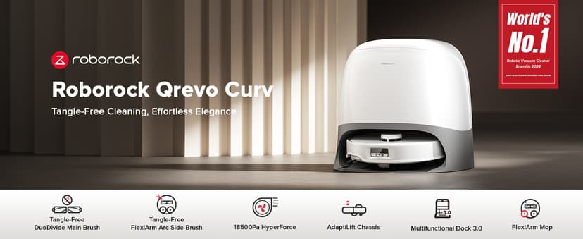 roborock Qrevo Curv Robot Vacuum and Mop, Zero-Tangling, AdaptiLift Chassis, FlexiArm Technology, Al Obstacle Recognition, 17mm Mop Lift, 18,500Pa Suction, Hot Water Mop Washing & Dock Self Cleaning