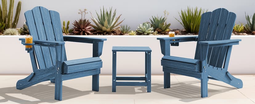 KINGYES Folding Adirondack Chair Set of 2, HDPE All-Weather Patio Chairs with Cup Holder, Wooden Textured Fire Pit Chairs Recliner for Poolside, Backyard, Deck, Navy