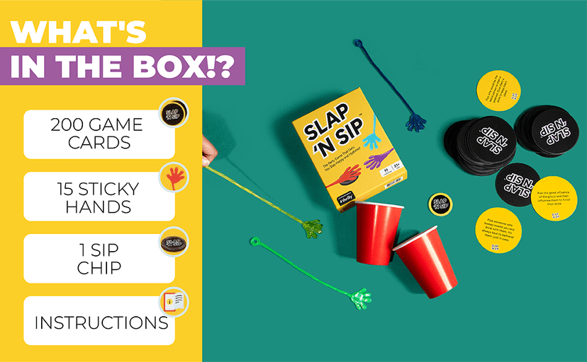 Slap N Sip A Hilarious Drinking Game with Sticky Hands, 200 Cards & A Sip Chip, Fast-Paced Adult Party Game for Game Nights, Funny Gift for Adults Ages 21+