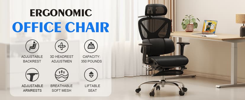 Freepub Ergonomic Mesh Office Chair, Home Desk Chair with Adjustable Lumbar Support, 3D Headrest and Armrests, Reclining Big and Tall High Back Computer Gaming Chair for Man Women, 350lbs, Black