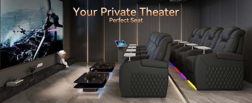 PBRO Home Theater Seating Top Grain Leather Recliner Chair, Movie Theater Chair Sofa with Power Reclining & Headrest USB Charger Ports Ambient Lighting, Black Single Seat for Home