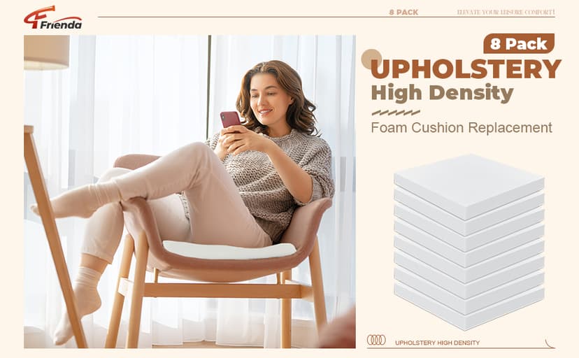 Frienda 8 Pack 2" x 20" x 20"Upholstery High Density Foam Cushion 50 ILD Replacement Square Cut to Size Foam Couch or Commercial Dinning Chair Couches Chair Padding DIY Projects