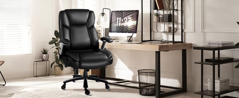 VITESSE 600lbs Big and Tall Office Chair with Flip up Armrest, Large Heavy Duty with Ergonomic Lumbar Support, Executive Office Chair for Heavy People with Quiet Rubber Wheel(Black)