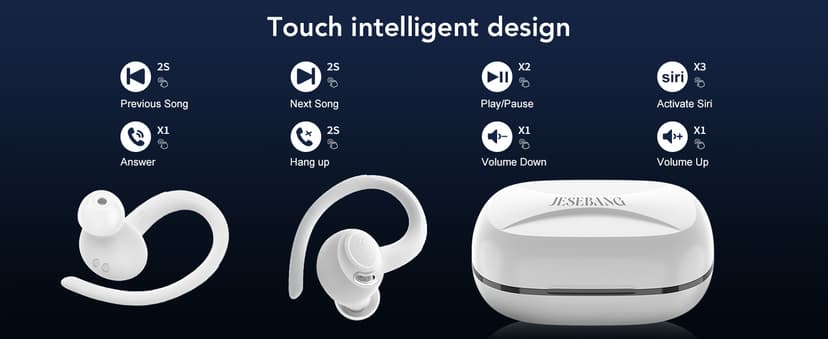 Wireless Earbuds, Bluetooth 5.4 Headphones Sport, Over Ear Buds With ENC Noise Cancelling Mic, 48H, Wireless Earphone With Earhooks, Stereo Deep Bass, IP7 Waterproof ear bud for Workout Running, White