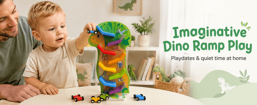 4 Mini Cars, 8 Level Race Track Car Truck, Car Toys for Toddlers 1-3, One 1st Birthday Gift Montessori Toys for 1 2 3 Year Old Boy, Dinosaur Wooden Car Ramp Race Track B0H7H5XWV5