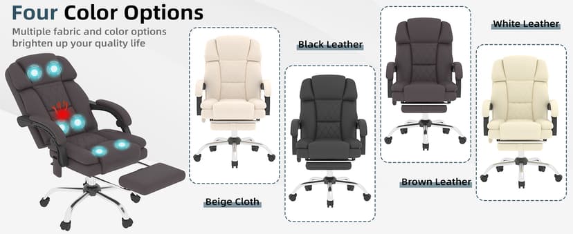 HOMREST 6-Point Massage Office Chair with Heat, Ergonomic Reclining Desk Chair with Footrest, PU Leather Executive Chairs for Home Office, Massaging Computer Chair Gift for Men, Brown