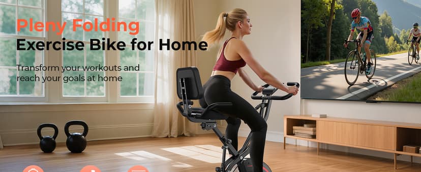 Pleny Folding Exercise Bike, 5 IN 1 Stationary Bikes for Home 6.6 LBS Flywheel, 330LB Weight Capacity Back Support Cushion Indoor Workout Cycling Bike for Home Gym