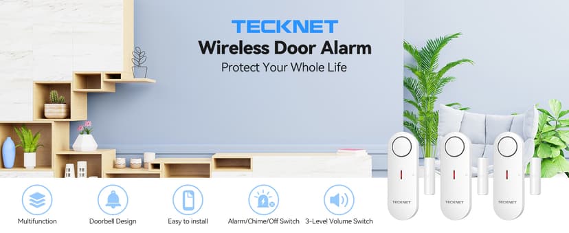 TECKNET Door Alarms for Kids Safety, Window Alarm Pool Alarms Door Alarm for Home Security, 2-in-1 Alarm & Chime, 3-Level Volume Control, Wireless Alarm for House Hotel Cars Sheds Caravans (3 Pack)