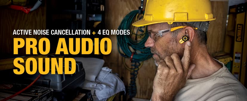 DEWALT Heavy Duty Bluetooth Jobsite Pro X2 ANC True Wireless Earbuds, Active Noise Cancelling Work Earbuds, Turn Dial Controls, 10Hr Runtime (40+ w/Case), 4 EQ Modes, IP54