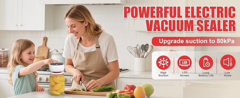 Electric Mason Jar Vacuum Sealer Kit - Auto-Stop with Digital Display, 60kPa Ultra Strong Suction for Wide/Regular Mouth Jars, Preserve Freshness 12X Longer (Includes 6 Lids & Bag Adapters)