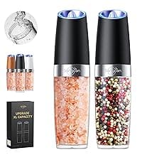 Sangcon Gravity Electric Salt and Pepper Grinder Set Automatic Shakers Mill Grinder with LED Light, BATTERY POWERED Adjustable Coarseness One Hand Operation, Upgraded Larger Capacity