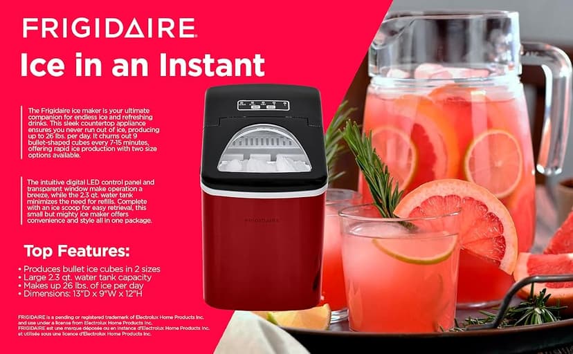 Frigidaire Counter top Portable, 26 lb per Day Nugget Ice Maker Machine (Red Stainless Steel)