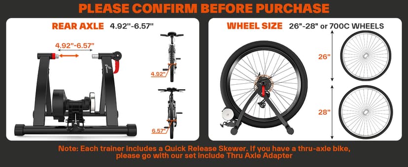 Sportneer Bike Trainer - Magnetic Stationary Bike Stand for 26-28" & 700C Wheels - Adjustable 6 Level Resistance Bike Trainer Stand for Indoor Riding with Quick Release Lever & Front Wheel Riser Block