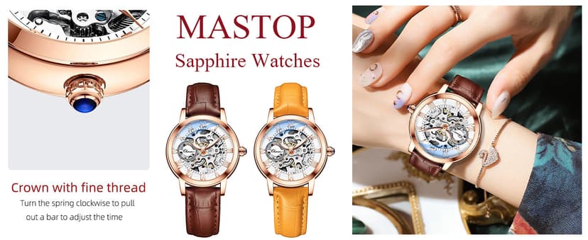 MASTOP Women's Sapphire Watches Automatic Steampunk Self Winding Mechanical Gold Bracelet Ladies Skeleton Wrist Watch Leather Strap for Ladies Famale