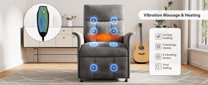 Power Recliner Chair for Adults with Heat & Massage - Soft Fabric Electric Reclining Sofa with Remote Control, 180° Lay Sleeper 3 Side Pockets for Living Room Home Theater, Dark Grey