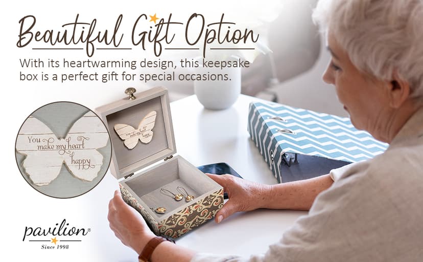 Pavilion 'Simple Spirits Butterfly' 41102 - Wooden Hinged Keepsake Box with Patterned Design and Printed Message for Friends and Loved Ones, Storage for Cosmetic, Trinkets, and Jewelry