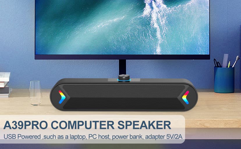 LENRUE Computer Speakers,PC Speakers for Desktop,Wired USB-Powered Sound-bar for Computer with 10W Stereo Sound and Colorful Light,Plug-n-Play (A39PRO /Black)