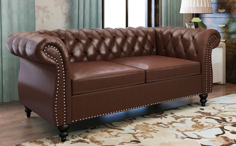 ORRD 3 Piece Living Room Set, Chesterfield Leather Sofa Loveseat Couch Chair with Scroll Arms and Nailhead for Living Room, Office (Dark Brown)