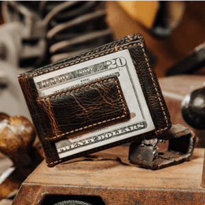 House of Jack Co. Ivor Bifold Money Clip Wallet for Men, Slim Front Pocket Wallet with Strong Magnetic Clip, Exterior ID Window, Full Grain Cowhide, Brown