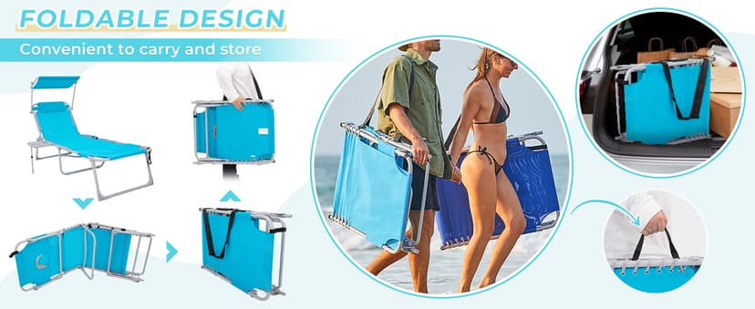 #WEJO 4-in-1 Tanning Chair with Face Hole and Side Table - 5-Position Face Down Folding Chaise Lounge with Canopy Shade & Cup Holder - Portable Heavy Duty Tanning Bed for Beach, Pool, Patio (Khaki)