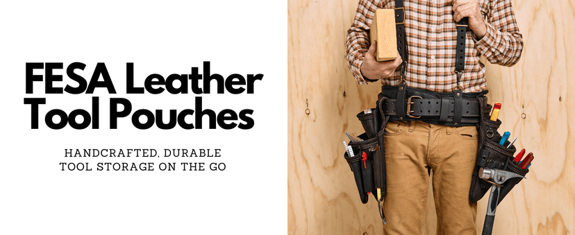 FESA Small Leather Tool Pouch - 5-in-1 Heavy Top Grain Leather Small Tool Pouch with a Steel Hammer Loop, 4 Pockets & Reinforced Heavy Duty Rivets - Fits Belts up to 3" - Handcrafted