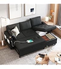 JFHID Leather Sleeper Sofa Couch with Pullout Bed, 80'' Sofa Bed with Storage Chaise, Pull Out Couch with USB&Cup Holders, L-Shaped Convertible Couches for Living Room-Faux Leather, Black