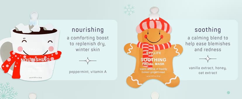 SpaLife Holiday Treats Facial Masks 12-Pack Assorted - Festive Christmas Skincare for Hydration and Refreshment - Gingerbread, Sundae, Cocoa & Eggnog