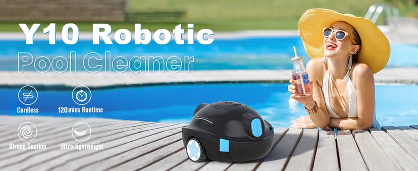 Y10 Cordless Robotic Pool Cleaner, Automatic Pool Vacuum - Ultra Long Battery Life, Powerful Suction, Self-Parking, Lightweight for Above/Inground Pools Up to 65ft/1100 Sq.Ft (Obsidian)
