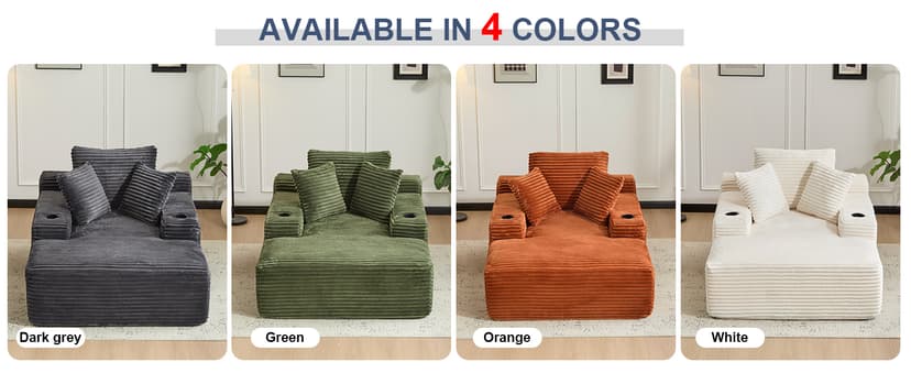 66" Oversized Chaise Lounge Sofa Chair Indoor, Modern Corduroy Single Sleeper Couch Chair with 3 Soft Pillows&Cup Holder, Boneless Cloud Couch Single Seat Sofa Bed for Living Room Office (Green)