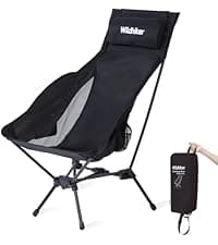 Wildhiker Portable Compact Folding Camping Chairs – Lightweight High Back with Pillow, Deep Recline, ArmPads, Side Pockets-for Motorcycle, RV, Backpacking, Travel, Festival – Black