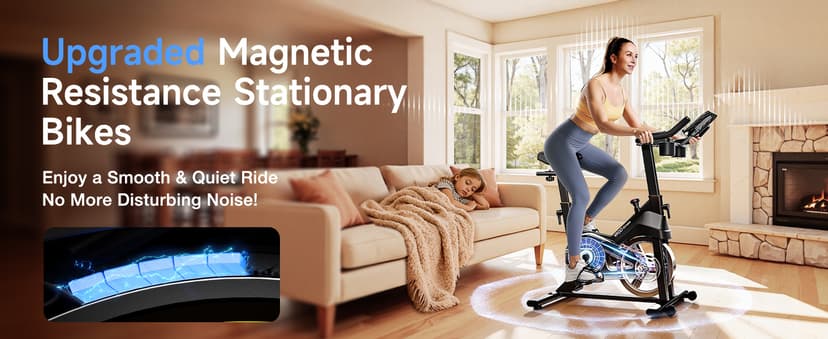 Exercise Bike, Adjustable Magnetic Resistance Stationary Bikes for Home Cardio with Exclusive App, Indoor Bike with 330lbs Weight Capacity Comfortable Seat, Tablet Mount and Fitness Courses