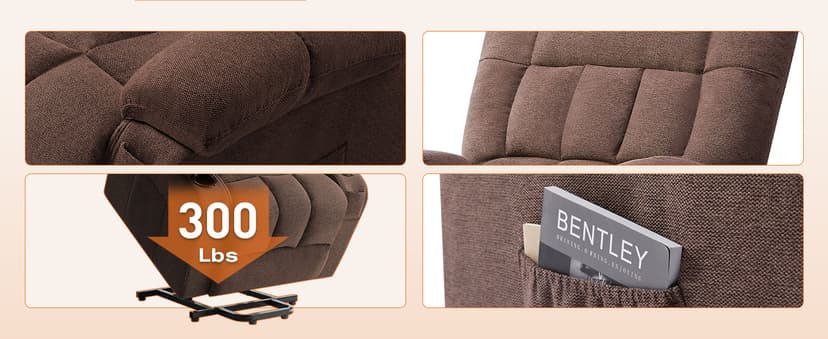 Sweetcrispy Power Lift Recliner Chair with Vibration Massage and Heat for Adults, Ergonomic Overstuffed Breathable Fabric Reclining Chair with Side Pockets, Remote Control, Living Room, Bedroom, Brown
