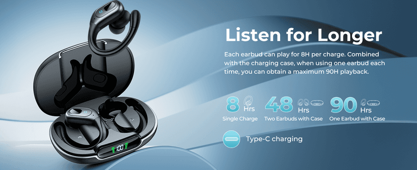 occiam Active Noise Cancelling Earbuds Wireless Bluetooth Headphones Ear Buds 90Hrs Playback Stereo Bass Earphones with Mic Over-Ear Hooks IPX7 Waterproof Headset for Work Sports Running Gym Black