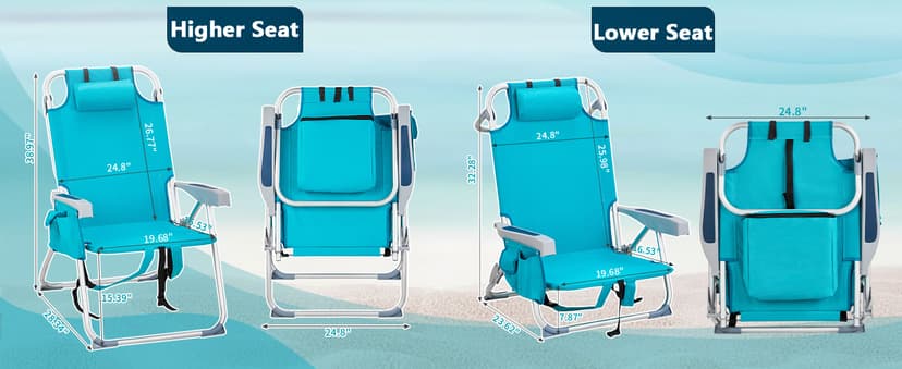 Outvita Backpack Beach Chair, 5 Level Adjustable Positions Beach Chair with Back Storage Bag, Cooler Pouch and Side Bags for Beach Poolside Lawn