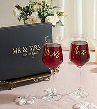 AW BRIDAL Wedding Gifts Bridal Shower Gifts Engagement Gift for Couples Newlyweds Mr & Mrs Wedding Wine Glasses Set of 2 - Wine Opener Wine Stopper with Engraved Wooden Keepsake Box