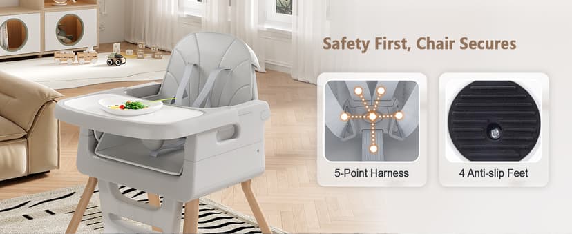 Baby High Chair for 6 Months+, Foldable High Chairs for Babies and Toddlers, Convertible High Chair, Adjustable Tray & Footrest, Portable High Chair & Easy to Clean(Grey with Wood Grain)