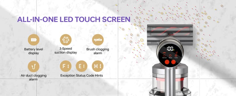 Cordless Vacuum Cleaner, 2 Batteries 120 Mins Runtime, 600W 50KPA Stick Vacuum with Self-Standing, Tangle-Free Brush, LED Display, Vacuum Cleaner for Home Hardwood Floor, Carpet, Pet Hair