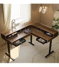 HUANUO 63″ L-Shaped Standing Desk, Built-in Power Outlets, Electric Height Adjustable Corner Computer Desk, Large Power Strip Holder, Sit Stand Up Desk with 3 Preset Heights, Vintage Brown