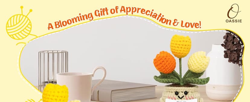 OASSIE Thank You Gifts for Women - Mini Handmade Positive Tulip Flowers Crochet with Message Card - Christmas Birthday Farewell Employee Appreciation Gifts for Coworkers, Emotional Support Crochet