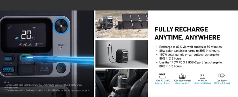 Anker Solar Generator SOLIX C300 with 60W Solar Panel, 288Wh Portable Power Station, 300W (600W Surge), LiFePO4 Battery, 140W Two-Way Fast Charging, for Outdoor Camping, Traveling, and Emergencies