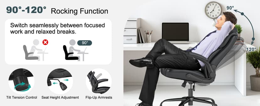 AnyGod Executive Office Chair, Comfy Ergonomic Computer Desk Chairs with Flip-up Armrests, Lumbar Support, High Back, 360° Swivel and Rocking Function for Home Office