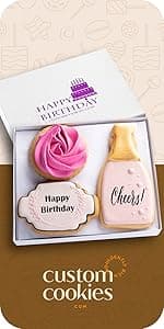 Happy Birthday Gift Basket Custom Sugar Cookies - Happy Birthday Cookies in Gift Box, Hand Decorated Kosher Treats for Women, Her, Wife - Bakery & Dessert Gifts as a Birthday Cake