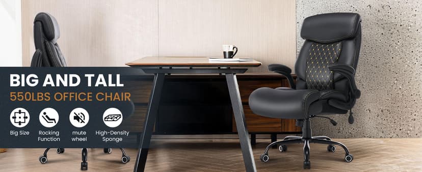 550LBS Big and Tall Office Chair for Heavy People,Ergonomic Office Chair with Padded Flip-Up Arms and Adjustable Lumbar Support,High Back Executive Leather Desk Chair with Rocking Function