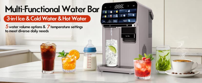Ice Maker Water Filter Dispenser, 3 in1 Countertop Instant Hot & Cold Water, Ice Water Dispenser with ice Box, 7 Temperature & 5 Dispensing Volume Options Portable No Installation.