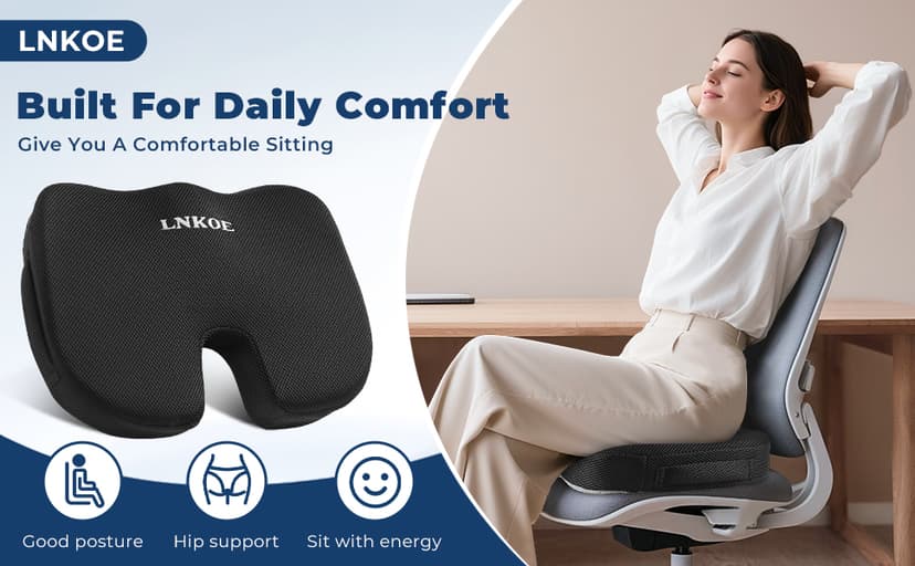 Gel Memory Foam Layer Wheelchair Cushion - Wheelchair Office Chair, Kitchen Chair, Car Seat - Pressure Pain and Tailbone Pain Relief - High Density Foam Base (Black)
